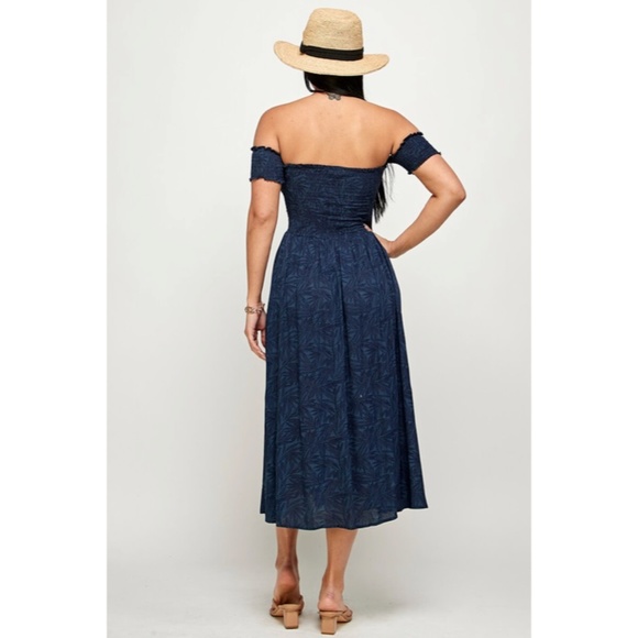 SOLD OUT Navy Leaf Floral Print Smocked Off The Shoulder Casual Summer Dress - Picture 6 of 6